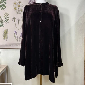 Camisa Top Túnica Eileen Fisher Marrón Terciopelo Mezcla Seda Cuello Banda Abotonada 1X - Imagen 1 de 7