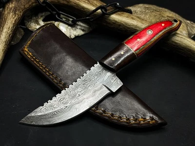 Cuchillo de caza táctico de camping de acero Damasco hecho a mano 10126 con funda de cuero Foto 1 de 4