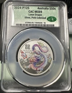 2024 Lunar Series Australia S$1 Year of the Dragon, Silver-Pink 1oz CAC MS69 - Picture 1 of 2