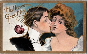 Vintage Postcard Halloween Greetings Man Kissing Woman Rose Pub JO5 - Picture 1 of 2