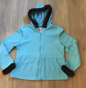 Emily West Girls Lightweight Zip Up Jacket Blue, Brown Faux Fur Trim - Size 16 - Picture 1 of 7