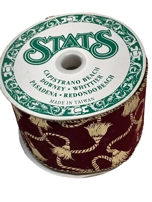 Vintage Stats Burgundy Velvet Wired Edges Ribbon W Gold Tassels Print 3”x 10 Yd - Image 1 of 4