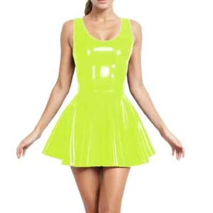 Womens PVC Leather Solid Sleeveless Mini Dress Women Nightclub Skater Mini Dress - Picture 1 of 12