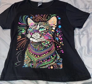 UNISEX Rockdreams Graphic Tee Shirt Cat Colorful New Black Short Sleeve - Picture 1 of 4