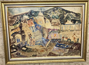 Mordechai Levanon Original Gouache Cityscape Painting 1956 19x27"
