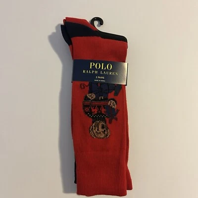 Calcetines de vestir de vacaciones Polo Ralph Lauren Bear 2 pares para hombre talla 6-12,5 rojo/negro Foto 1 de 4
