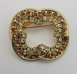 Vtg Rhinestone Brooch Segmented Circle Goldtone Amber & Light Green Prong-Set - Picture 1 of 2