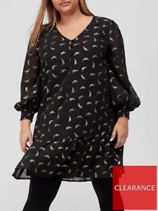 V By Very Curve Plus Foil Leaf Short V Neck Mini Dress - Black Gold UK Size 16 - Picture 1 of 3