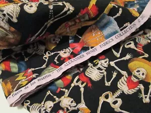 Fiesta De Los Muertos Alexander Henry Fabrics Skelton Halloween Guitar Skull - Picture 1 of 6