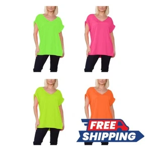 Womens Oversized Baggy Turn Up T-shirt Ladies Loose V Neck Top UK 8-26 - Picture 1 of 17