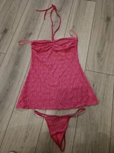 BNWT Vintage La Senza Pink Lace Diva Doll Babydoll/Thong Set Size 12 - Picture 1 of 24