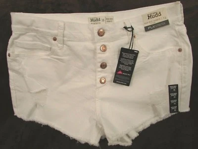 Pantalones cortos de tiro alto "MUDD" para dama talla 9, blancos, destruidos ButtonFly CrochetPckt Foto 1 de 4