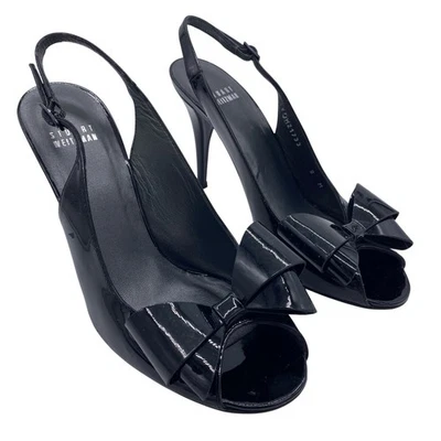 Sandalia de Vestido Stuart Weitzman 8 Negro Charol Lazo Cordones Punta abierta Tacón de Aguja Foto 1 de 4