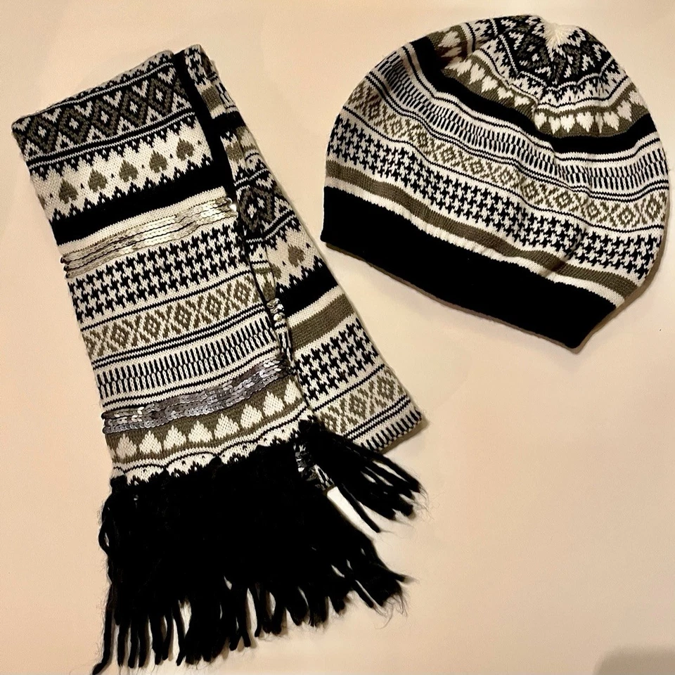 Gap Niños Niñas Suéter Tejido Sombrero y Bufanda Conjunto S/M Negro Blanco Lentejuelas Foto 1 de 1