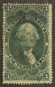 Travelstamps: 1862-1871 US Stamps Scott #R86c $3 Manifest Revenue Used - Picture 1 of 5