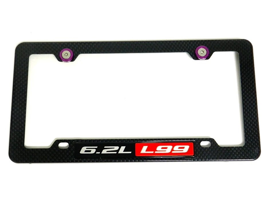 6.2L L99 CARBON FIBER LOOK LICENSE PLATE FRAME W/ 2 PURPLE WASHERS & BOLTS  - Image 1 of 1