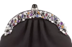 Judith Leiber Satin Black Jeweled Frame Evening Handbag Gemstone Vintage - Picture 1 of 15