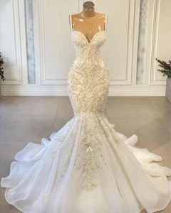Luxury Mermaid African Wedding Dresses Beaded Applique Sexy Lace Bridal Gowns - Picture 1 of 8