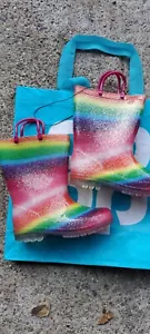 Girls Wellies Flashing Kids Wellington Boys Multicoloured Glitter Rainbow - Picture 1 of 6