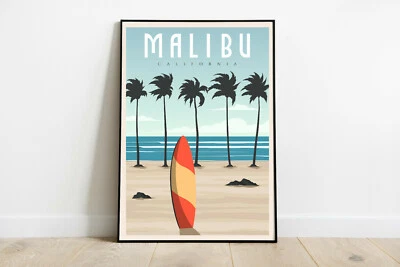 Malibu travel poster, Malibu retro surfing print, USA vintage travel print  - Image 1 of 4