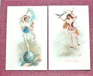 2 DIFF CIRCUS WOMAN HIGH WIRE BALANCING ACT PERFORMER EARLY 1900 LITHO - Picture 1 of 4