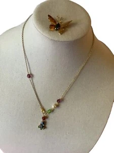 Vintage INC. 12K GF Signed Butterfly Brooch & Handmade Garden Vibe Necklace 20” - Picture 1 of 8