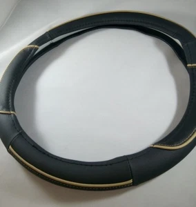 Black & Beige Slip-On Style PU Steering Wheel Cover Perfect Fit Non-Slip Comfy - Picture 1 of 6