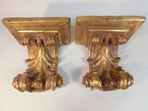 Pr Unusual Lg Acanthus Rococo Swirl Gold Gilt Wall Bracket Shelves French Style Cover