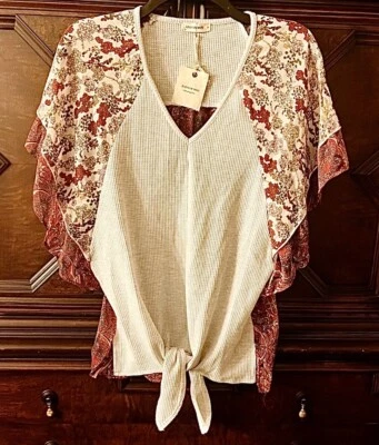 ANDTHEWHY Los angeles Flutter Sleeve Mixed Media Top With Tie Front.  M. New - Image 1 of 4