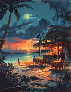 Impresión artística romántica tropical de mediados de siglo de playa polinesia Tiki Bar 8,5X11 - Imagen 1 de 2