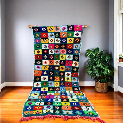 Colorful Moroccan Rug Checkered Handmade Berber Wool Boho Tribal Area Carpet - Image 1 of 4