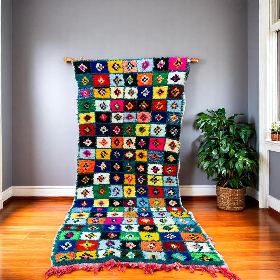 Alfombra colorida marroquí a cuadros hecha a mano de lana bereber boho alfombra tribal Foto 1 de 4