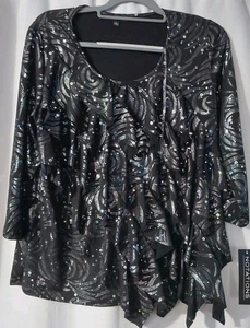 Notations Hemd Bluse Größe L schwarz silber Stretch 3/4 Arm Rüschen - Bild 1 von 12