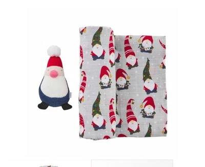 NUEVO Mud Pie Navidad Bebé Envoltura Manta Muselina Algodón y Pequeño Peluche Juguete Gnomo Foto 1 de 4