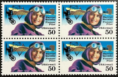 U.S. Scott #C128b Scarce Block of 4 Var, Harriet Quimby 1st Woman Pilot, VF MNH - Image 1 of 2