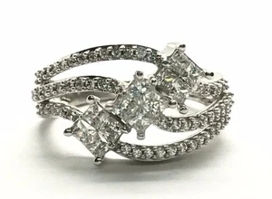 Sterling Silver 925 Princess Cut / Round CZ Pave Wave Elegant Cocktail Ring Sz 7 - Picture 1 of 3