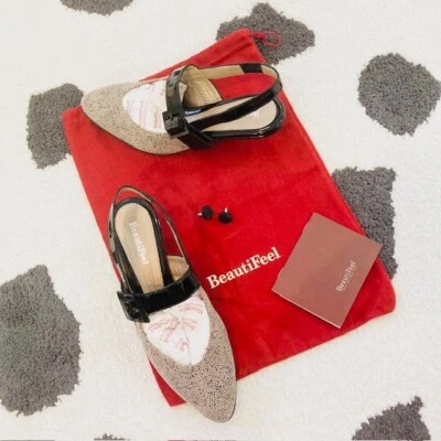 NOVO BeautiFeel $345 Feminino 37 EUA 6-6.5 Shirley Preto Bege Mary Jane Slingbacks - Imagem 1 de 4