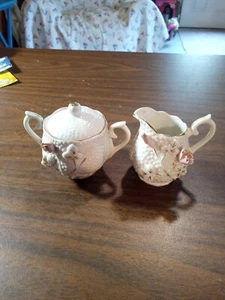 Miniature Rose Floral Sugar Bowl And Creamer . Made In Japan - Picture 1 of 11