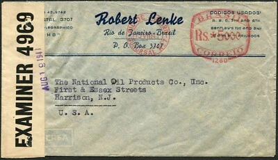 Brazil Rio de Janeiro to USA Censored Airmail Cover Meter Postage 1941 WWII - Image 1 of 2
