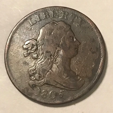 1805 Lg 5, With Stems, Draped bust Half cent , Fine,  scarce Cover