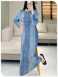 Pleats Please pleated Fabric Denim Print and Buttons Pleated Dress - Picture 1 of 6