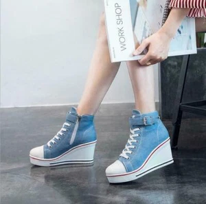 Canvas Sneakers Women Wedge Trainers Lace Up High Heels Sport Shoes Trend 37-43 - Picture 1 of 14