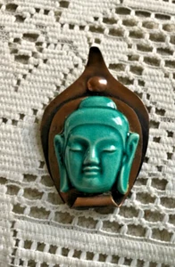 Vintage MCM Buddha grün geformtes Gesicht KERAMIK KUPFER BROSCHE (Elzac) - Bild 1 von 6