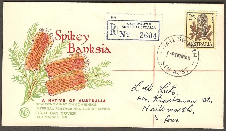 1960 Nailsworth South Australia 2'5 Brown Spikey Banksia WCS Registrado FDC - Imagem 1 de 1