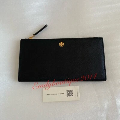 NWT Tory Burch 136097 Emerson Slim Envelope Black Saffiano Leather Wallet Clutch - Image 1 of 4