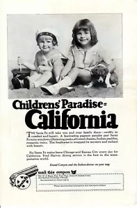 Anuncio impreso vintage 1928 Tren Santa Fe Niños Paraíso Perro California - Imagen 1 de 2