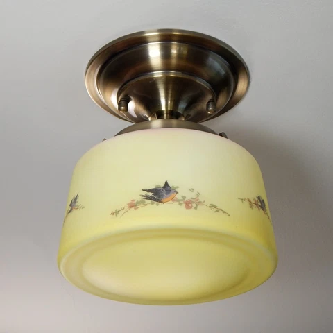 Semi-Flush Ceiling Light Fixture. Vintage Painted Glass Shade. New Antique Brass Cover