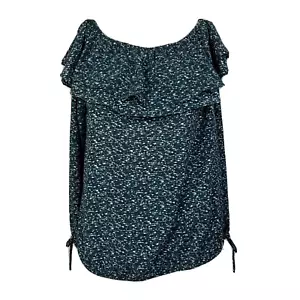 NWT Michael Kors Shirt Womens Sz M Blue Black Off The Shoulder Ruffle Blouse - Picture 1 of 12