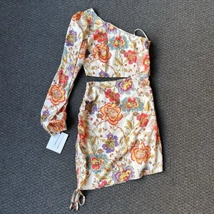 RNWY The Label Floral Mini Dress Size XS One Shoulder Cut Out Adjustable Waist - Picture 1 of 12