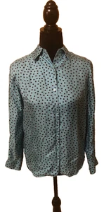Jones New York Size Petite Small Blue Brown Polka Dot Silk Blouse Y2K Classic - Picture 1 of 5
